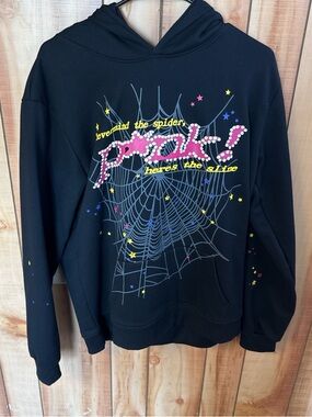 Black Graphic Hoodie Sweatshirt with Pink & Yellow Spiderweb Design